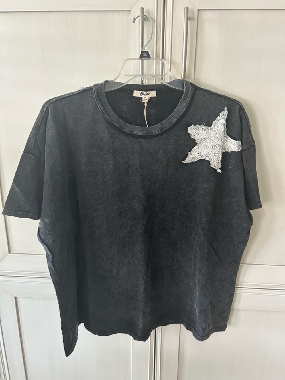 Blumin Black Washed Crewneck Tee with Crocheted Star
